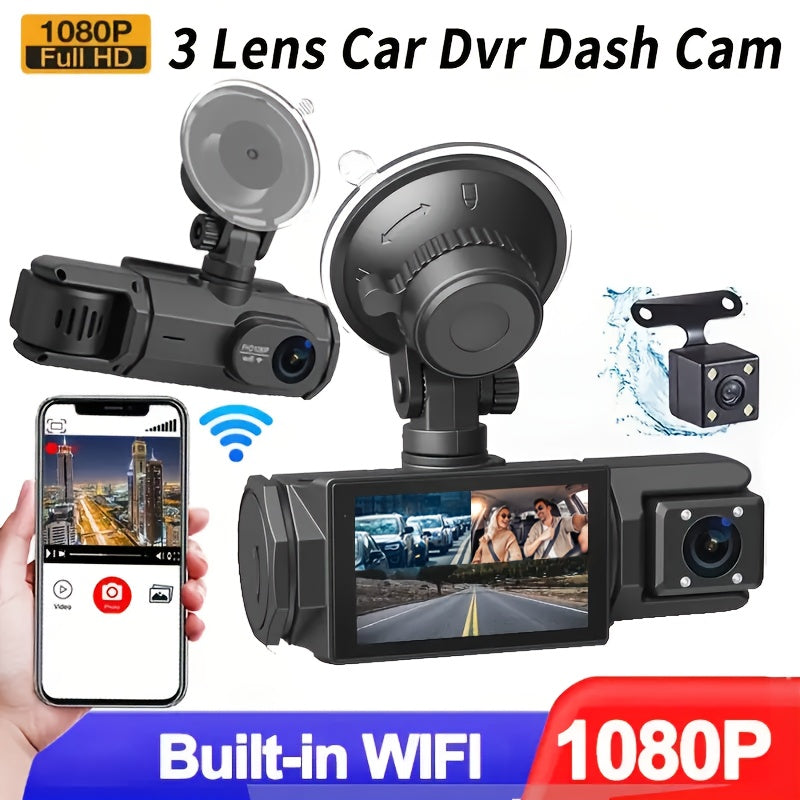 3 Lens 1080P WiFi Dash Cam Front  Rear Inside Recording IR Night Vision Loop 508 cm IPS LCD Screen Wide Angle Dashboard Camera Recorder Car Plug Power 5V Rechargeable Lithium Polymer Battery App Control 32GB SD Card Optional