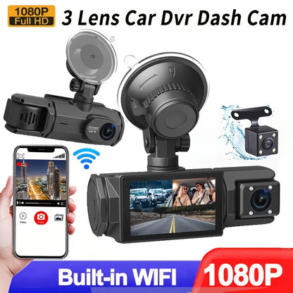 3 Lens 1080P WiFi Dash Cam Front  Rear Inside Recording IR Night Vision Loop 508 cm IPS LCD Screen Wide Angle Dashboard Camera Recorder Car Plug Power 5V Rechargeable Lithium Polymer Battery App Control 32GB SD Card Optional