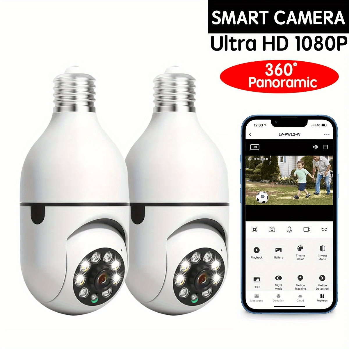WiFi Smart Camera Wireless WiFi Light Bulb Camera 360Panoramic Surveillance Cam 24GHz 1080P Indoor And Outdoor Security Camera with Motion Detection Alarm Night Vision TwoWayTalk Phone Remote