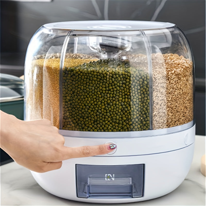 1pc 360degree Rotating Grain Storage Box With 6 Compartments And Measuring Cup Automatically Dispenses Rice With Press Button For Rice Cereals Grains Flours Pet Food Household Airtight Rice Dispenser Food Storage Jar Home Kitchen Supplies