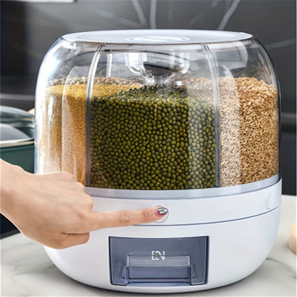 1pc 360degree Rotating Grain Storage Box With 6 Compartments And Measuring Cup Automatically Dispenses Rice With Press Button For Rice Cereals Grains Flours Pet Food Household Airtight Rice Dispenser Food Storage Jar Home Kitchen Supplies