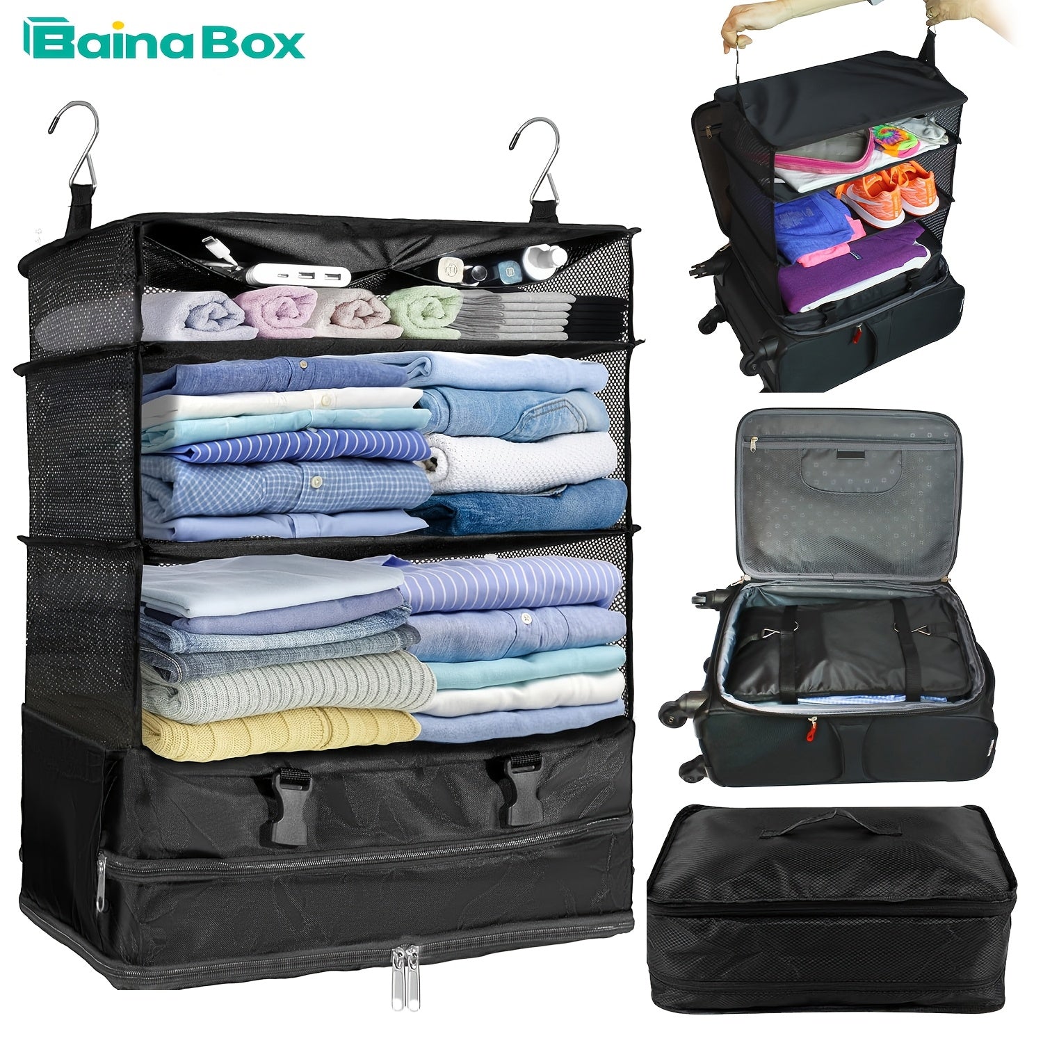 1pc Black Canvas Portable Hanging Travel Closet Organizer 6698x4496x2997 cm Expandable Luggage Wardrobe with Hangers Waterproof Fabric Ventilated Mesh Compression Laundry Compartment Large Capacity Travel Essentials