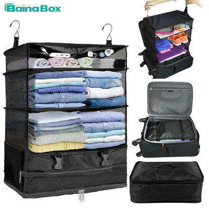 1pc Black Canvas Portable Hanging Travel Closet Organizer 6698x4496x2997 cm Expandable Luggage Wardrobe with Hangers Waterproof Fabric Ventilated Mesh Compression Laundry Compartment Large Capacity Travel Essentials