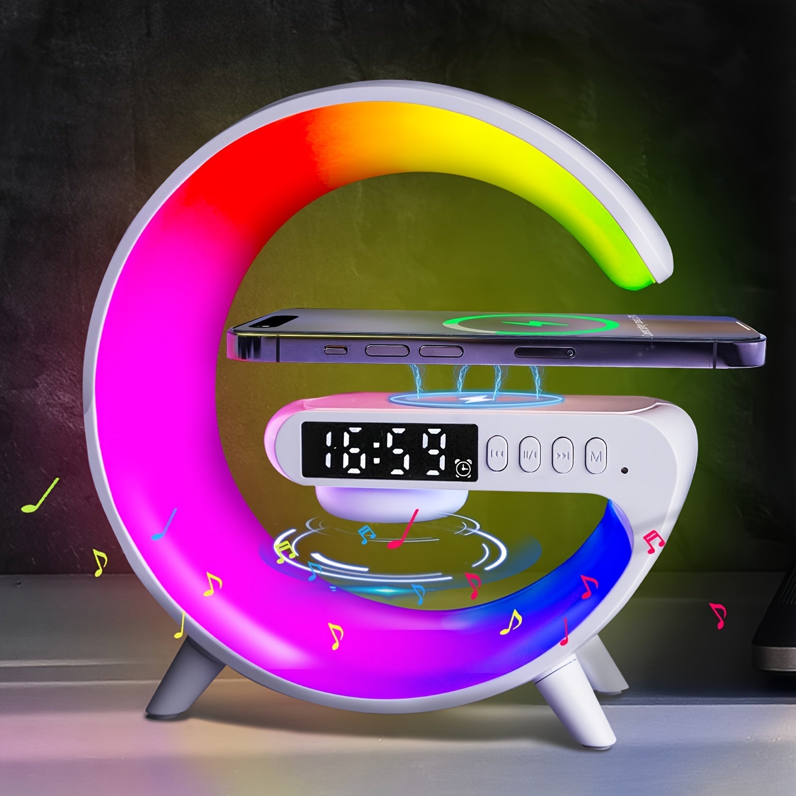 Sunrise Alarm Clock with RGB Lighting  Dimmable Bedroom Lamp 10 Ambient Modes 15W Wireless Charger  Speaker Combo Smart Phone Charging Feature